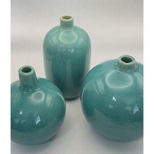 Crate & Barrel Perry Teal Bud Vases Set of 3 Glass Cracked Glaze Boho 2000-2015